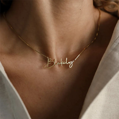 Customised name necklace in silver, gold and rose gold by TrulyMineCo. Made of durable stainless steel