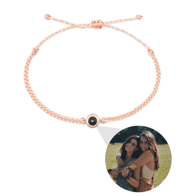 Photo projection friendship band with customised image in pink and rose gold by TrulyMineCo. Matching couple bracelet