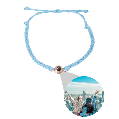 Photo projection friendship band with customised image in blue and rose gold by TrulyMineCo. Matching couple bracelet