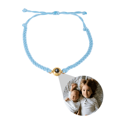 Photo projection friendship band with customised image in blue and gold by TrulyMineCo. Matching couple bracelet