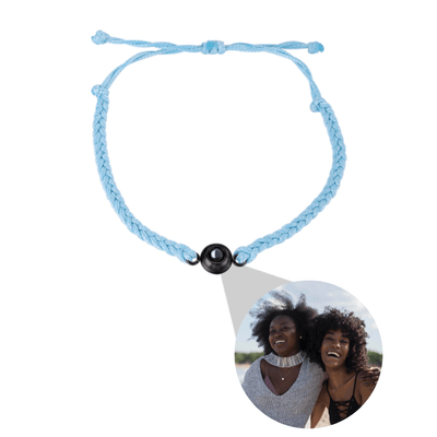 Photo projection friendship band with customised image in blue and black by TrulyMineCo. Matching couple bracelet